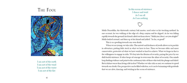 An open book from Rumi's Gift Oracle Cards by Schiffer Publishing, Ltd. shows a vibrant Fool tarot card illustration with a blue poem; opposite is poetic prose with a blue heading and a small heart symbol above the text.