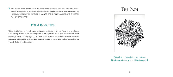 Two pages from Rumi's Gift Oracle Cards by Schiffer Publishing, Ltd.: Left—text about a poem depicted by a dancer under "Poem in Action," evoking Rumi oracle cards. Right—"The Path" above a mandala and a short blue italic poem at the bottom.