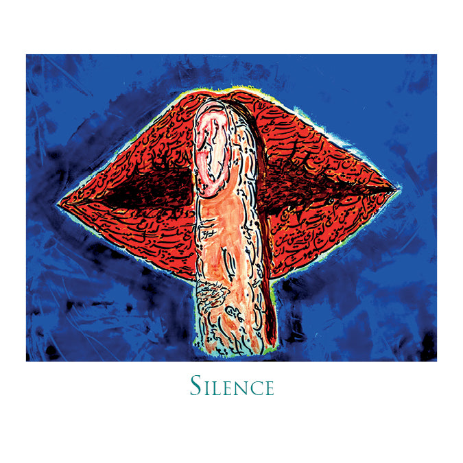 A stylized illustration of red lips with a finger signaling silence on blue, with "Silence" below—an ideal addition to Schiffer Publishing, Ltd.'s Rumi's Gift Oracle Cards collection.