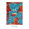 Blue Persian calligraphy features on a textured red-orange background inspired by a Farsi calligram deck from Rumi's Gift Oracle Cards by Schiffer Publishing, Ltd., with "Support" printed below the image in green capital letters.