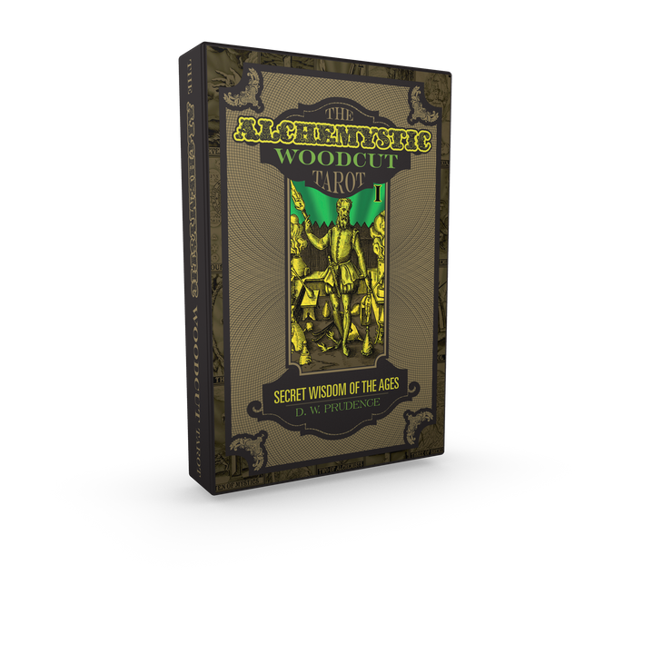 A 3D-rendered box titled “The AlcheMystic Woodcut Tarot” by Schiffer Publishing, Ltd. features ornate gold text and a medieval skeleton knight in green, highlighting woodcut Tarot cards and the subtitle “Secret Wisdom of the Ages.”.