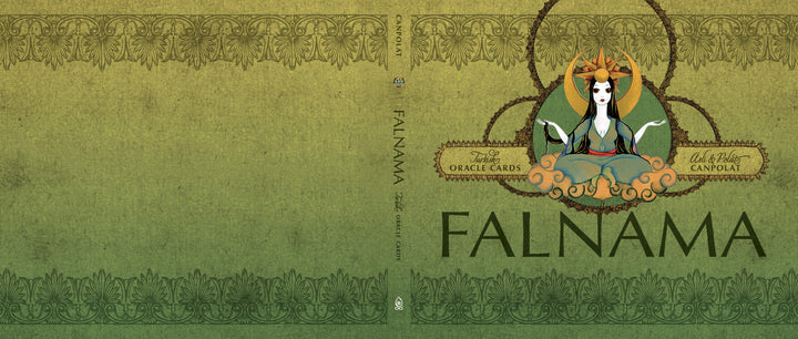 The Falnama book by Schiffer Publishing, Ltd. features a green ornate cover inspired by Persian miniatures and Islamic manuscripts, depicting a woman in flowing robes and elaborate headdress sitting cross-legged within a decorative frame.
