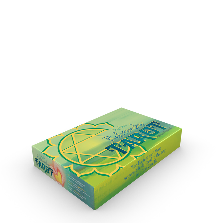 A green and yellow box labeled "My First Relationship Tarot" by Schiffer Publishing, Ltd., featuring a lotus and heart design, is shown on a white background at an angle to display both the front and part of the side.