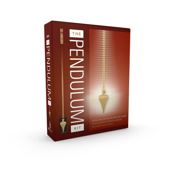 A red and white box labeled "The Pendulum Kit" by Schiffer Publishing, Ltd., featuring a gold pendulum on a chain. This kit includes tools for pendulum dowsing to help answer questions and develop intuition.