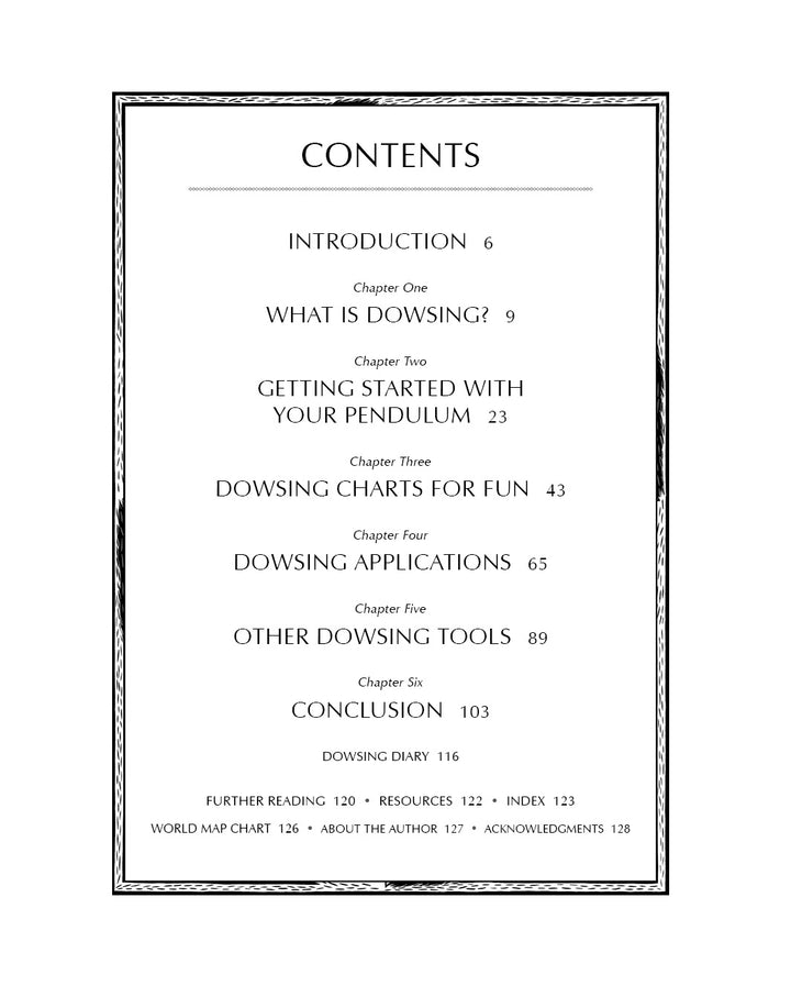 Table of contents from The Pendulum Kit by Schiffer Publishing, Ltd., with chapters such as What is Dowsing?, Getting Started with Your Pendulum, Dowsing Charts for Fun, and Energy Fields and Intuition Development, plus page numbers.