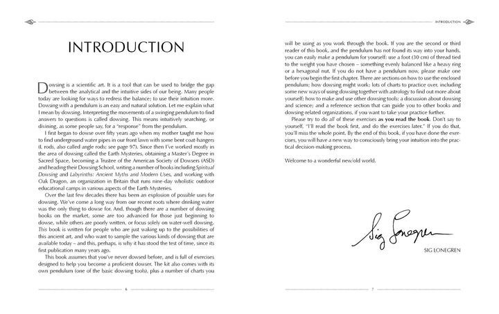 An open book from "The Pendulum Kit" by Schiffer Publishing, Ltd. shows an intro on intuition development on the left, with more introductory text and the author’s signature on the right.