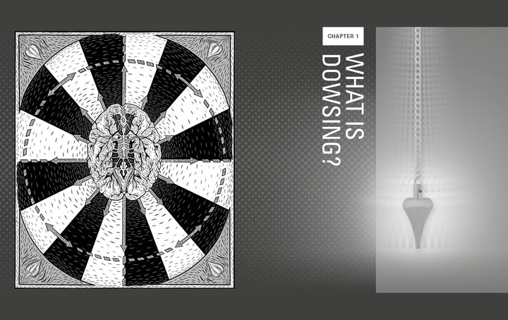 A centered black-and-white brain on a segmented circle appears beside the text “CHAPTER 1 WHAT IS DOWSING?” with a pendulum image, hinting at intuition and Pendulum dowsing in The Pendulum Kit by Schiffer Publishing, Ltd.