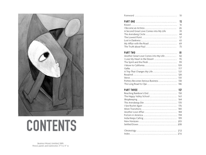 Table of contents page for "I Shock Myself" by Schiffer Publishing, Ltd., featuring a black-and-white abstract face on the left and chapter titles with page numbers on the right, including Foreword and Part One.