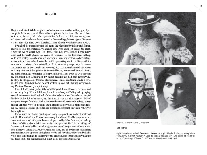 A book spread from "I Shock Myself" by Schiffer Publishing, Ltd. shows text on the left stirring memories of trains and family, while three black-and-white photos on the right reflect 20th-century art and Beatrice Wood’s ceramist story.