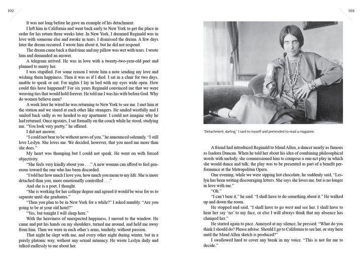 Two open pages of "I Shock Myself" by Schiffer Publishing, Ltd.: the left shows text, while the right displays text above and below a black-and-white photo of Beatrice Wood seated in a chair, looking at the camera.