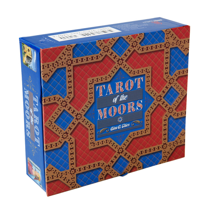 Tarot of the Moors by Schiffer Publishing, Ltd. comes in a blue and red box with geometric Moorish art patterns and includes beautifully designed cards plus a guidebook.