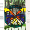 A butterfly-inspired stained glass—made with the copper foil method and vibrant yellow, orange, purple, and blue hues—hangs in a window before a green garden. On the right, "Stained Glass for Beginners" by Schiffer Publishing, Ltd. is shown in a beige box.