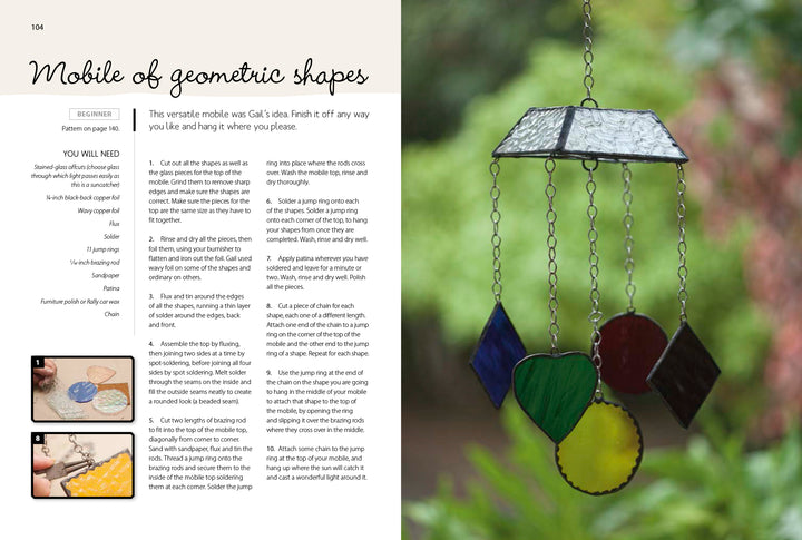A spread from "Stained Glass for Beginners" by Schiffer Publishing, Ltd. shows step-by-step copper foil instructions on one side and a photo of a vibrant geometric stained glass mobile hanging outdoors on the other.