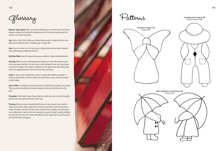 Stained Glass for Beginners by Schiffer Publishing, Ltd. features glossary terms on the left and easy stained glass outlines—a clown, an angel, and kids with umbrellas—on the right. Ideal inspiration for anyone interested in stained glass or glass art.