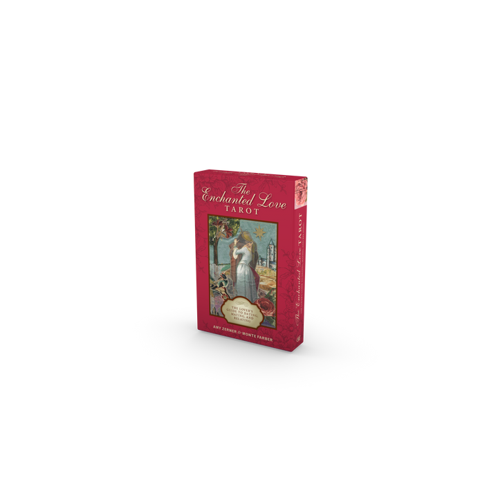 A red box of The Enchanted Love Tarot by Schiffer Publishing, Ltd., displays a woman in a white dress with a castle and garden behind her. This relationship tarot deck stands upright against a plain white background.