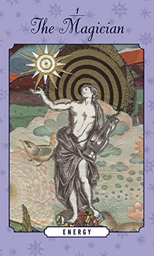 The Enchanted Love Tarot by Schiffer Publishing, Ltd. features The Magician card—depicting a robed figure with a sun and scepter, set amid abstract patterns. Its lavender starry border and ENERGY label make it a vivid deck addition.