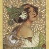 A woman with a jeweled headpiece and leaves in her hair looks over her shoulder, surrounded by flowers—a scene inspired by The Enchanted Love Tarot from Schiffer Publishing, Ltd. Text above: Queen of Gems; below: The Nurturer.