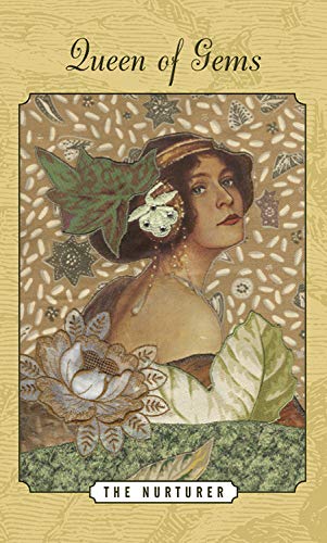 A woman with a jeweled headpiece and leaves in her hair looks over her shoulder, surrounded by flowers—a scene inspired by The Enchanted Love Tarot from Schiffer Publishing, Ltd. Text above: Queen of Gems; below: The Nurturer.