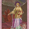A medieval-style illustration of a crowned woman in a flowing gown with a rose, floral patterns, and "The Enchanted Love Tarot" by Schiffer Publishing, Ltd., inspired by Tarot art, on a pink background.