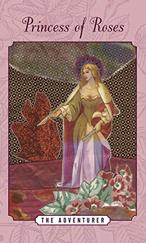 A medieval-style illustration of a crowned woman in a flowing gown with a rose, floral patterns, and "The Enchanted Love Tarot" by Schiffer Publishing, Ltd., inspired by Tarot art, on a pink background.