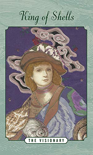 The Enchanted Love Tarot by Schiffer Publishing, Ltd. features the illustrated King of Shells card, showing a person in a feathered hat holding a shell on a purple background. Labeled The Visionary, it represents insight into relationships.