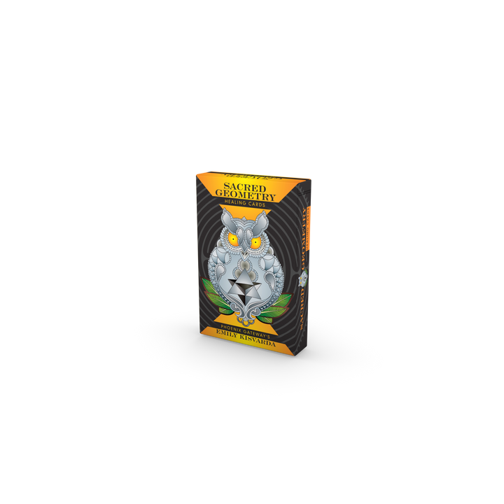 The Sacred Geometry Healing Cards by Schiffer Publishing, Ltd. feature an illustrated owl with geometric patterns and orange accents, reminiscent of sacred geometry card designs, on a plain white background.