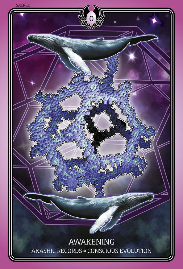 An illustration of three whales swimming around a crystal structure on a purple cosmic background adorns the Sacred Geometry Healing Cards by Schiffer Publishing, Ltd.—featuring themes of Awakening, Akashic Records, and Conscious Evolution.