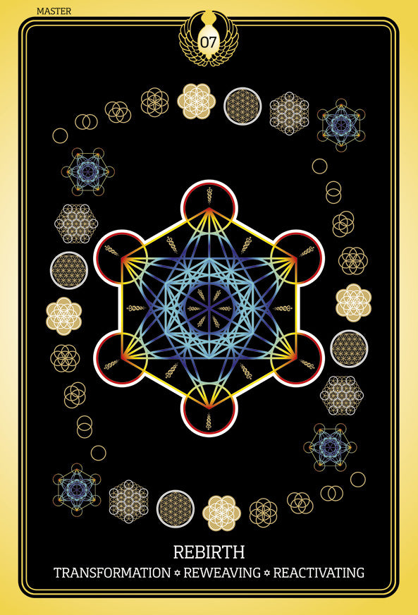 The Sacred Geometry Healing Cards by Schiffer Publishing, Ltd. include a card labeled 07, titled REBIRTH, with gold-accented geometric patterns on black. At the bottom: TRANSFORMATION • REWEAVING • REACTIVATING.