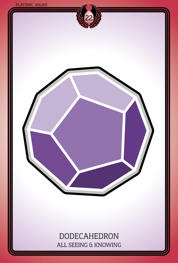 A stylized purple dodecahedron with white outlines is centered on a red-bordered Sacred Geometry Healing Card by Schiffer Publishing, Ltd. The top reads PLATONIC SOLIDS and 22; below: DODECAHEDRON ALL SEEING & KNOWING.
