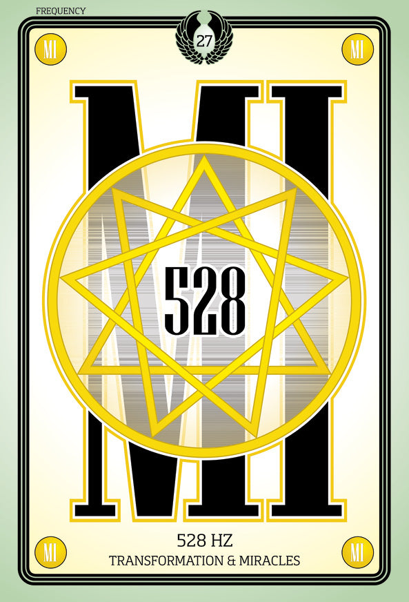 The Sacred Geometry Healing Cards by Schiffer Publishing, Ltd. features a striking MI with a yellow heptagram, the number 528 at center and "528 Hz Transformation & Miracles" below, crowned with the number 27 and a laurel wreath.