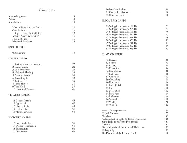 The Sacred Geometry Healing Cards guidebook by Schiffer Publishing, Ltd. includes a contents page listing Acknowledgements, Introduction, Sacred Geometry Cards, Creation Cards, Platonic Solids, Frequency Cards, and Healing Cards with topics and page numbers.