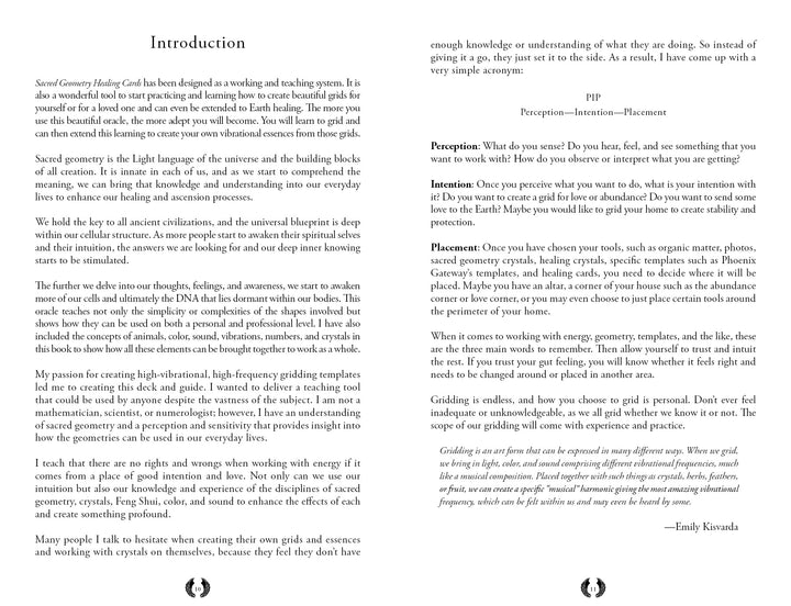 The Sacred Geometry Healing Cards introduction page by Schiffer Publishing, Ltd. features text on sacred geometry, healing, and perception, with labeled sections—Perception, Intention, and Placement—and decorative laurels in the corners.