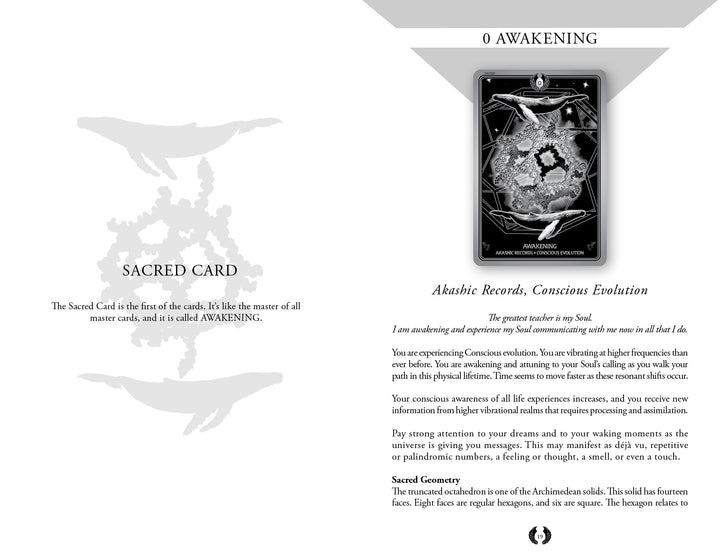 The Sacred Geometry Healing Cards by Schiffer Publishing, Ltd. includes a black-and-white "0 AWAKENING" card with birds circling a mountain; the left text explains this healing card represents the start of all matter and is called AWAKENING.