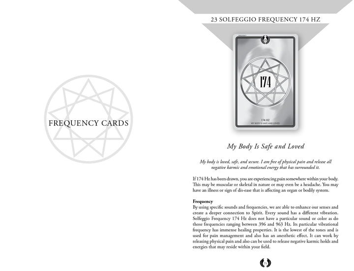 The Sacred Geometry Healing Cards by Schiffer Publishing, Ltd. include an info card on the 23 Solfeggio Frequency 174 Hz, featuring a star pattern and its pain relief benefits—part of a set with guidebook for deeper understanding.
