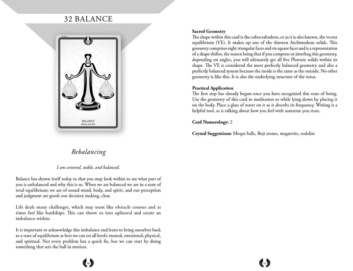 A grayscale page from the Sacred Geometry Healing Cards guidebook by Schiffer Publishing, Ltd. features the heading 32 BALANCE, an image of balanced scales above “Rebalancing,” plus guidance on balance, sacred geometry, and crystals for equilibrium.