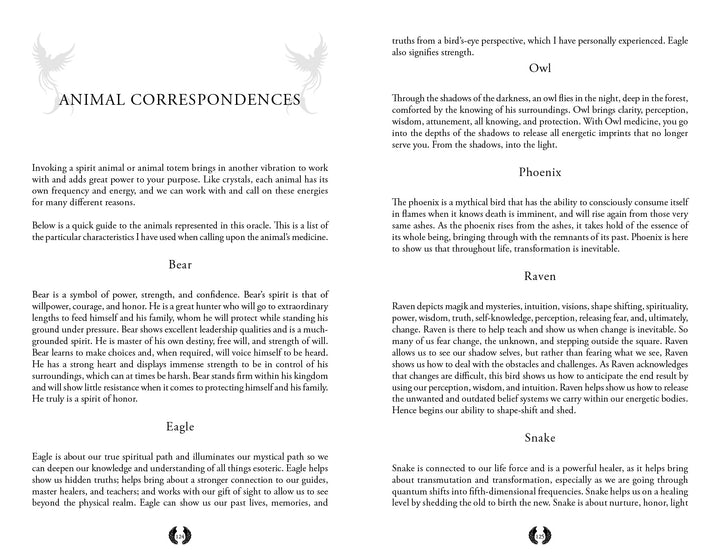 An infographic titled Animal Correspondences features spiritual meanings of five animals from the Sacred Geometry Healing Cards by Schiffer Publishing, Ltd., with black text on white background, resembling a guidebook's descriptive style.