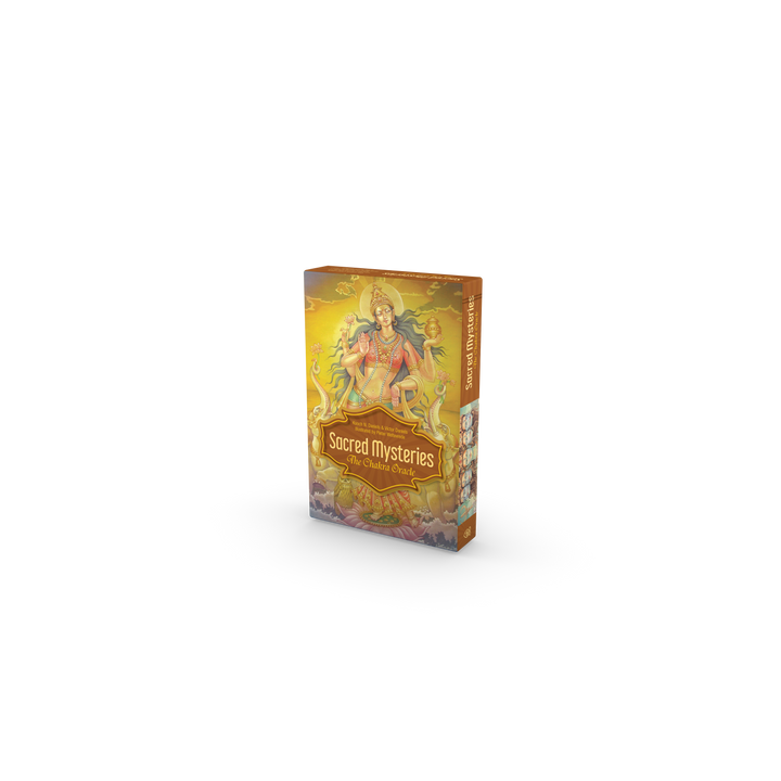 The Sacred Mysteries box by Schiffer Publishing, Ltd. showcases an ornate illustration of a multi-armed seated figure with spiritual icons, inspired by Tantric wisdom, set against a vivid yellow and orange background.
