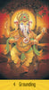 A vibrant illustration of Hindu deity Ganesha dancing, adorned with gold and a crown, a glowing aura and a mouse at his feet. Inspired by chakra oracle symbolism, the “4 Grounding” card is from Sacred Mysteries by Schiffer Publishing, Ltd.