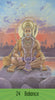 An artistic portrayal of Hanuman meditating on a rock at sunset, with jewelry and halo, embodies Tantric wisdom. "Sacred Mysteries" by Schiffer Publishing, Ltd. appears on a green banner, evoking a chakra oracle deck.