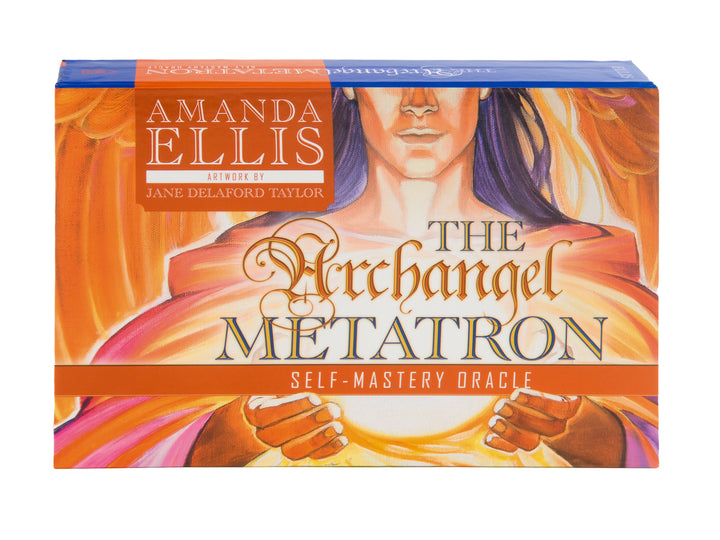 Box cover of The Archangel Metatron Self-Mastery Oracle by Schiffer Publishing, Ltd., with artwork of an angelic figure holding glowing light, symbolizing the spiritual guidance within these oracle cards.