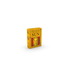 A yellow upright box labeled "Oracle of the Radiant Sun" by Schiffer Publishing, Ltd. features an illustrated sun with a face. This astrology oracle deck includes symbolic designs and is displayed against a white background.