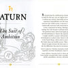 Illustrated page from the Oracle of the Radiant Sun by Schiffer Publishing, Ltd., titled Saturn: The Suit of Ambition, with Saturn, a scythe, astrological symbols, and text on Saturn’s role in career and ambition.