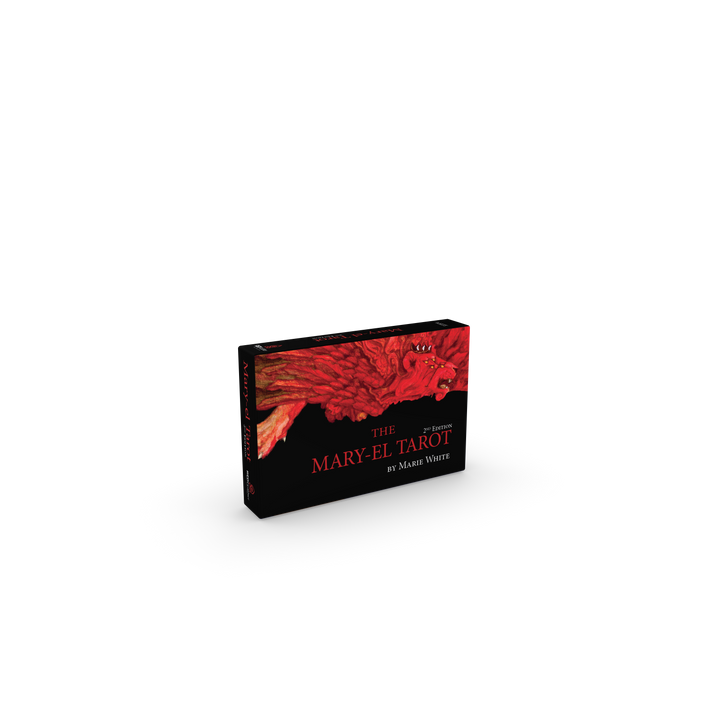The Mary-El Tarot, 2nd Edition by Schiffer Publishing, Ltd. features a striking red winged creature on a black box, designed by Marie White, set against a plain white background and evoking mystical soul alchemy.