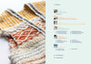 Close-up of a textured woven fabric by Lindsey Campbell with yellow, orange, and blue patterns; on the right is the table of contents from "Welcome to Weaving 2" by Schiffer Publishing, Ltd., listing projects, chapters, page numbers, and images.