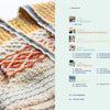 Close-up of a textured woven fabric by Lindsey Campbell with yellow, orange, and blue patterns; on the right is the table of contents from "Welcome to Weaving 2" by Schiffer Publishing, Ltd., listing projects, chapters, page numbers, and images.