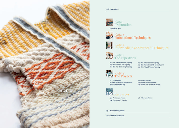 Close-up of a textured woven fabric by Lindsey Campbell with yellow, orange, and blue patterns; on the right is the table of contents from "Welcome to Weaving 2" by Schiffer Publishing, Ltd., listing projects, chapters, page numbers, and images.