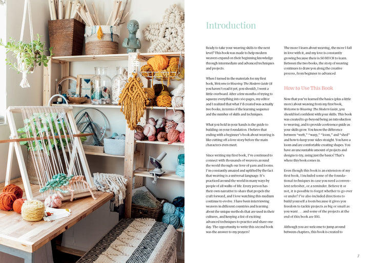 A cozy, sunlit craft room with shelves of colorful yarn, plants, and weaving supplies. A large wooden loom is by the window. Text on the right page introduces Schiffer Publishing’s Welcome to Weaving 2 for intermediate weavers.