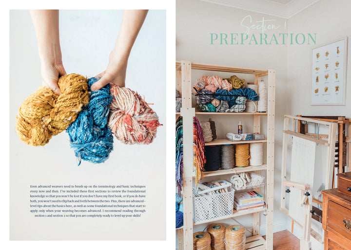 A hand holds yellow, blue, and pink yarn skeins in a well-lit craft room with supplies and a loom—an inviting space for projects from Schiffer Publishing, Ltd.'s Welcome to Weaving 2. The text reads: Section 1 Preparation.