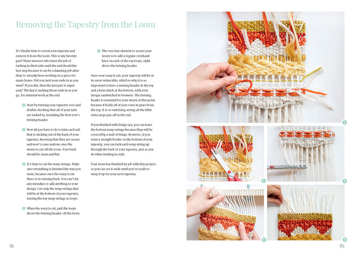 Welcome to Weaving 2 by Schiffer Publishing, Ltd. offers a step-by-step photo guide for removing a colorful tapestry from a loom—cutting threads and tying ends—ideal for intermediate weavers or those seeking detailed project references.
