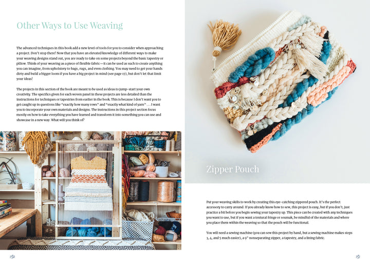 A two-page spread from "Welcome to Weaving 2" by Schiffer Publishing, Ltd. features Lindsey Campbell’s loom in her studio on the left and a woven zipper pouch with chunky textures, neutral hues, and intermediate instructions on the right.